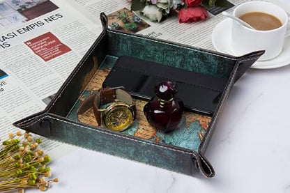 Valet Tray Desktop Storage Organizer, Vegan Leather Catchall Bedside Vanity Tray Nightstand Caddy Holder for Remote Controller, Watch, Keys, Phone, Wallet, Sunglasses, Jewelry - Map - color: Map Design