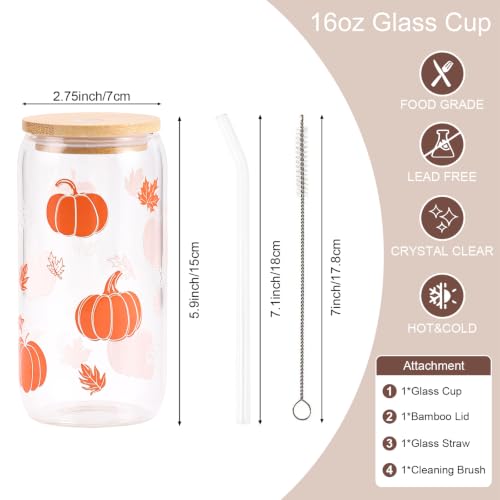 Fall Pumpkin Glass Cup Thanksgiving Halloween Autumn Gifts | Iced Coffee Glass Cups with Lid and Straw Mug Tumbler Presents for Women Teen Girls Harvest Festival Basket Stuff 16oz - style: Pumpkin