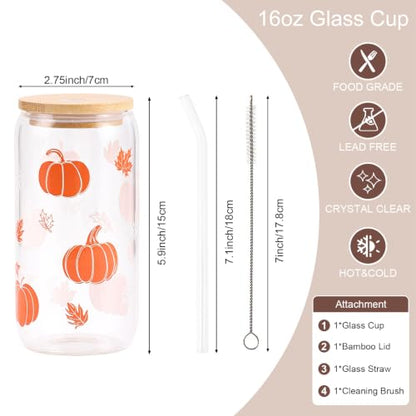Fall Pumpkin Glass Cup Thanksgiving Halloween Autumn Gifts | Iced Coffee Glass Cups with Lid and Straw Mug Tumbler Presents for Women Teen Girls Harvest Festival Basket Stuff 16oz - style: Pumpkin