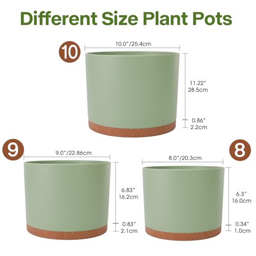 3 Pack Cylinder Planter Set 10/9/8 Inch White Indoor Plant Pots | Modern flower pots with drainage holes and saucers. For outdoor garden, succulent, nursery, and house plants. - color: Green-brown