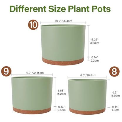 3 Pack Cylinder Planter Set 10/9/8 Inch White Indoor Plant Pots | Modern flower pots with drainage holes and saucers. For outdoor garden, succulent, nursery, and house plants. - color: Green-brown