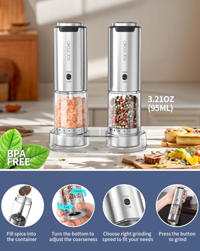 CIRCLE JOY Electric Salt and Pepper Grinder Set Stainless Steel Rechargeable Salt and Pepper Grinder Set, Variable Grinding Speed, External Adjustable Coarseness, Storage Base, White LED Light, Silver - color: 2-Speed Rechargeable Set with Base