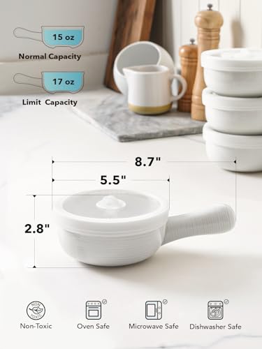 LE TAUCI Soup Bowls with Handles and Silicone Lids, 15 Oz French Onion Soup Bowls, Non-Toxic Ceramic Soup Crocks for Noodles, Stew, Cereal and Chilli, Oven Microwave Dishwasher Safe, Set of 4, White - color: White