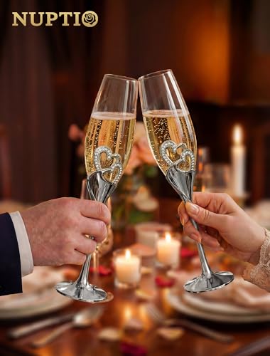 NUPTIO Crystal Champagne Flutes, Wedding Gifts for Couple, Silver, Set of 2 | Rhinestone Rimmed Heart Toasting Glasses with Wooden Gift Box for Engagement, Anniversary, Party, Bridal Showers, 6.76oz - color: Silver