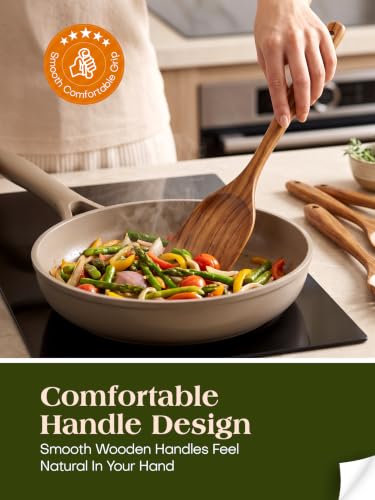 AIUHI 10 Pcs Wooden Spoons for Cooking, Teak Wooden Utensil Set for Nonstick Cookware, Wooden Kitchen Utensils Set with Whisk and Spaghetti Server