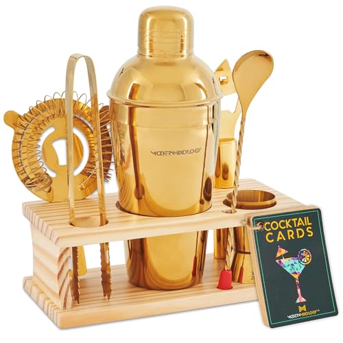 Cocktail Shaker Set - Bartender Kit with Pine Stand | Leak-Proof Design | Includes Martini Shaker, Jigger, Strainer, Spoon, Tongs | Perfect Bar Tools Gift for Home Mixology (Gold) - color: Gold / Light Stand, size: 8 Pieces