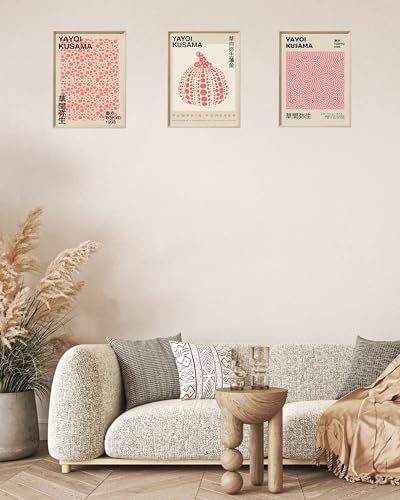UPWOIGH Yayoi Kusama Inspired Framed Prints, 12 x 16 Inch, Set of 3 | Pumpkin, Infinity Net and Dot Pattern Prints, Soft Pink Tones, Light Wood Frames for Bedroom, Office and Gallery Wall - color: Yayoi Kusama Red MDF