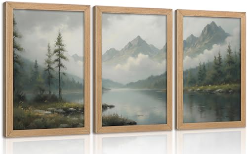 Framed Misty Mountain Lake Landscape Wall Art Set, Green Foggy Forest Picture Wall Decor, Nature Lake Oil Painting Canvas Prints, Natural Scenery Poster Artwork for Living Room Bedroom Office - color: Misty Forest, size: 24"Lx16"W