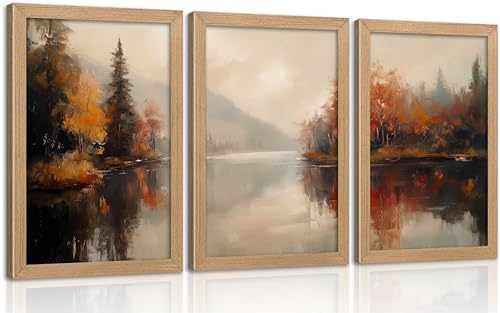 Framed Autumn Forest Lake Wall Art Set, Lake Landscape Oil Painting Canvas Prints, Country Mountain Landscape Wall Decor, Saffron Yellow Tree Landscape Poster Artwork,for Living Room Bedroom Office - color: Mangrove, size: 24"Lx16"W