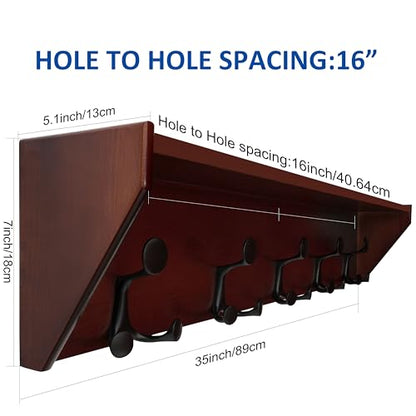 WEBI Wall Shelf with Hooks Underneath,35" Long Wall Mounted Coat Rack with Shelf,Entryway Coat Rack with 5 Triple Hooks for Hanging Coats,Jacket,Hallway,Bedroom,Mudroom,Cherry - color: Cherry, size: 35 Inch
