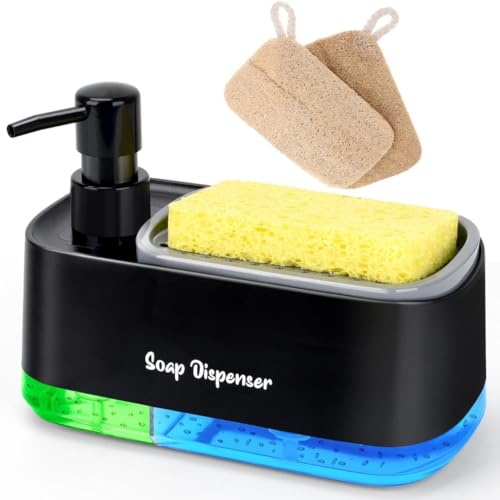 5-in-1 Kitchen Soap Dispenser Set with Sponge Holder - Dual Hand & Dish Soap Pump Dispenser for Sink Countertop with 2-Packs Natural Loofah Dish Sponge Dishwashing Scrubber,Black - color: Black(n5-in-1)