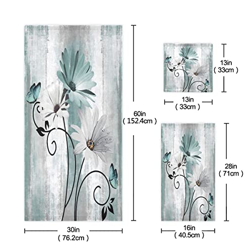 Bath Towels Set Farm Teal Daisy Floral Flowers Butterfly on Country Wooden 3 Piece Towel Set(1 Luxury Bath Towel 1 Hand Towel 1 Washcloth) Soft Absorbent Decorative Bathroom Kitchen Towels