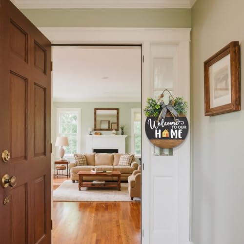 Interchangeable Seasonal Round Wood WELCOME TO OUR HOME Sign for Front Door,Rustic Hanging Wood Wreaths Sign,Farmhouse Porch Fence Welcome Wreaths Decorations.(12inch)