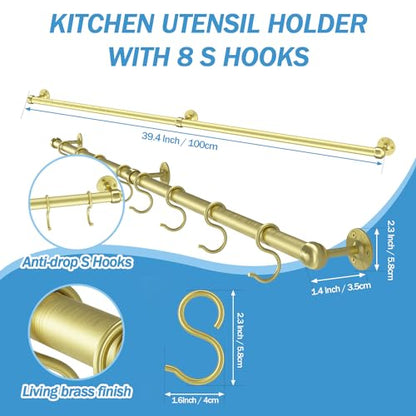 ROTHLEY Stainless Steel Pot and Pan Hanger - 39.4 Inch Wall Mounted Hanging Pots and Pans Rack for Kitchen Wall Rail with Hooks (Brass) - color: Brass, size: 39.4 inch