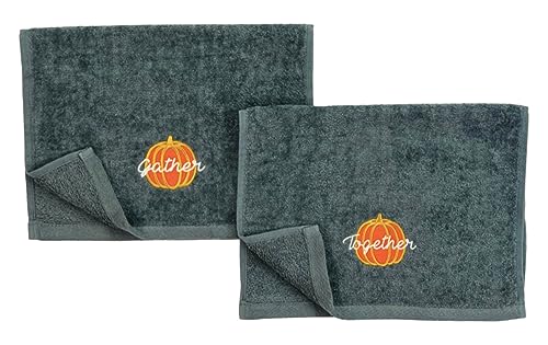 Thanksgiving Fall Harvest Embroidered Guest Fingertip Towels: Orange Gold White Gather Together Pumpkin on Plush Grey Gray, 2 Piece Set, 12" x 18" Inch Oeko-TEX Certified - color: Gather