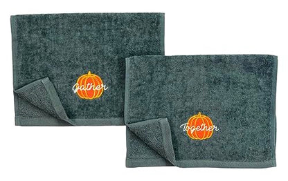 Thanksgiving Fall Harvest Embroidered Guest Fingertip Towels: Orange Gold White Gather Together Pumpkin on Plush Grey Gray, 2 Piece Set, 12" x 18" Inch Oeko-TEX Certified - color: Gather