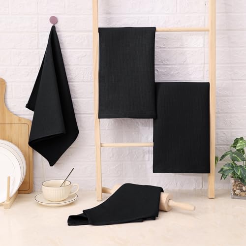 Homaxy 100% Cotton Waffle Weave Kitchen Towels, 4 Pack, Black | Soft and Absorbent Dish Towels, 16 x 26 Inches Quick Dry Hand Towels - color: Black, size: 16 x 26 - 4 Pack