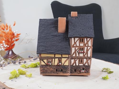 Ceramic Art Tealight Candle Holder Room Decoration Handcrafted Collectible Miniature Aroma Light House Traditional Half-Timbered Houses in The Old Town of Rennes, France B299AR*