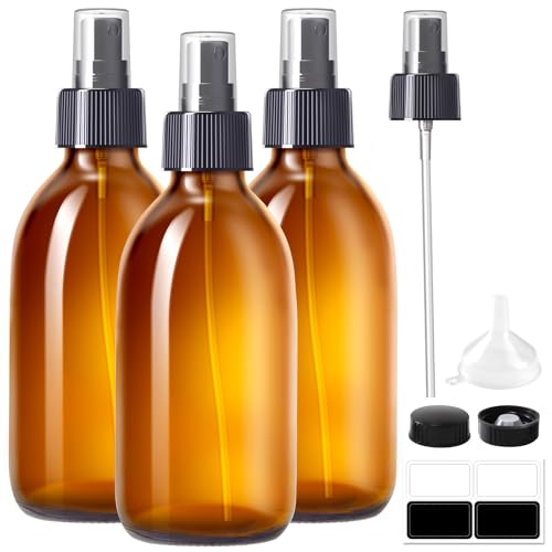 Tecohouse 8.8 oz Amber Glass Spray Bottles 3 Pack Empty Spray Bottle | Leakproof, Thick Glass, Non-Slip Base, Glass Bottles for Cleaning Solutions, Plants, Hair with Durable Nozzle, Labels, Funnel