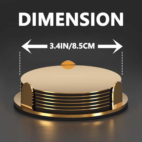 Gold Stainless Steel Coasters with Holder, Modern Mirror Drink Coaster Set of 6, Unique Round Cup Coasters with Non-Slip EVA Base, Housewarming Décor for Coffee Bar and Dining Table