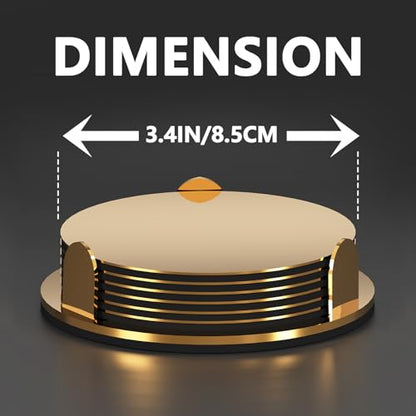 Gold Stainless Steel Coasters with Holder, Modern Mirror Drink Coaster Set of 6, Unique Round Cup Coasters with Non-Slip EVA Base, Housewarming Décor for Coffee Bar and Dining Table