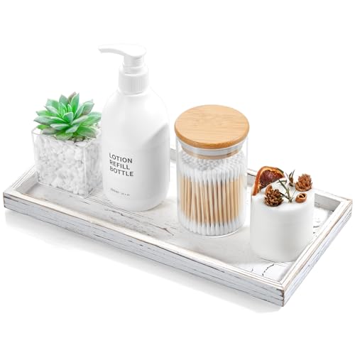 ALELION 11.7" White Bathroom Vanity Tray for Counter - Decorative Tray for Toilet Tank Makeup Perfume Jewelry Catchall Coffee Table - Wooden Kitchen Countertop Organizer for Soap Dispenser - color: Whitewashed, size: 11.7" x 6" x 0.8"