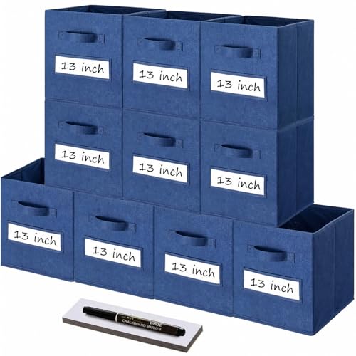 Storage Bins,13" Cube Storage Bin with Labels,10pcs,Navy Blue | Fabric Storage Cubes for Shelves,13 Inch storage cube bins with 10 Labels Window Cards & a Pen. - color: Navy Blue, size: 13"