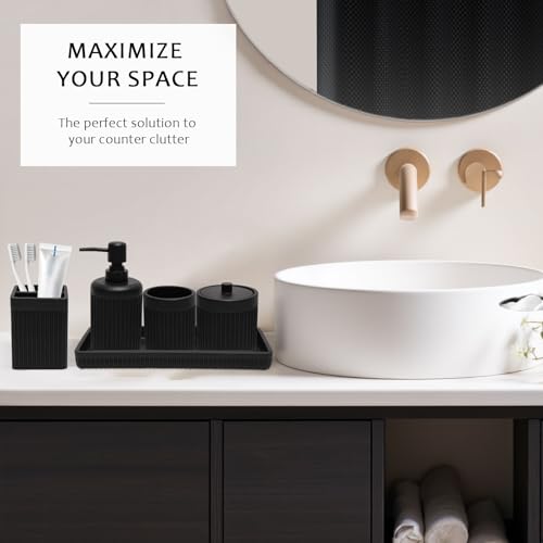 XLHOMO Matte Black Bathroom Sets with Shower Curtain and Rugs, 8-Piece Resin Bathroom Accessories Sets Complete, Soap Dispenser, Toothbrush Holder, Tumbler, Tray & Apothecary Jars Bathroom Essentials - color: Black, size: Resin Bath Set Complete