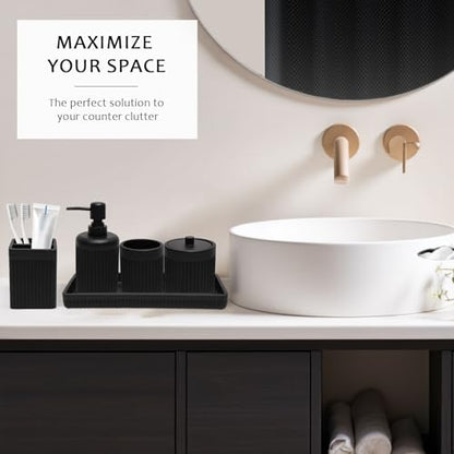 XLHOMO Matte Black Bathroom Sets with Shower Curtain and Rugs, 8-Piece Resin Bathroom Accessories Sets Complete, Soap Dispenser, Toothbrush Holder, Tumbler, Tray & Apothecary Jars Bathroom Essentials - color: Black, size: Resin Bath Set Complete