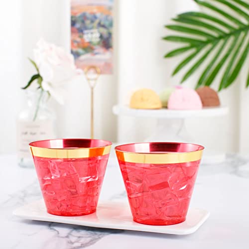 LUODA 150PCS Red Plastic Cups, 9oz Clear Red Disposable Cups with Gold Rim | Old Fashioned Tumblers Gold Rimmed Red Plastic Cups,Unbreakable cups for Any occasion: Weddings, Parties, Business Events - color: Red