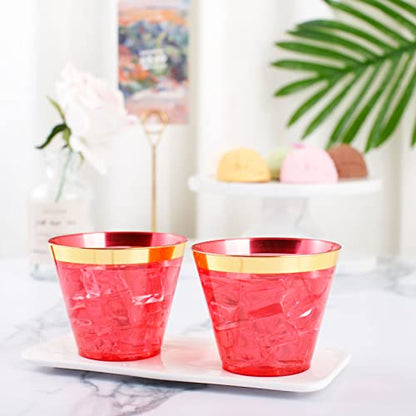 LUODA 150PCS Red Plastic Cups, 9oz Clear Red Disposable Cups with Gold Rim | Old Fashioned Tumblers Gold Rimmed Red Plastic Cups,Unbreakable cups for Any occasion: Weddings, Parties, Business Events - color: Red