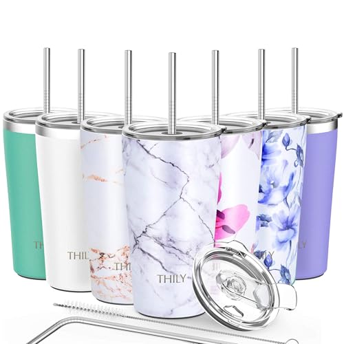 THILY Stainless Steel Vacuum Insulated Tumbler Travel Mug 20 oz Coffee Cup with 2 Lids and Straws, Splash Proof, Keep Ice Drinks Cold, White Marble - color: White Marble, size: 20 Ounce (Pack of 1)