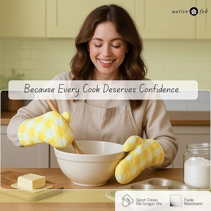 Native Fab Buffalo Plaid Check Oven Mitts and Pot Holders Set of 4, 100% Cotton Heat Resistant Kitchen Gloves, 2 Oven Mitts (7x13), 2 Pot Holders (8x8) for Cooking & Baking, Lemon Yellow White - color: Buffalo, Lemon Yellow