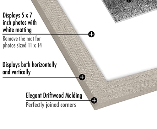 Americanflat 11x14 Picture Frame - Matted to 5x7 - Driftwood | Engineered Wood construction, Shatter-resistant glass, hangs vertical or horizontal, sawtooth hangers included - color: Driftwood
