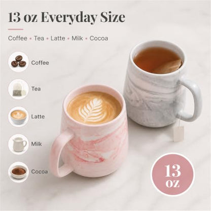 Ceramic Coffee Mug Set of 2, Gray and Pink Marble Pattern Procelain Couple Mugs, Stoneware Matching Cups, Dishwasher Safe, Microwave Safe, 13 oz - color: 12 oz-Pink&Gray