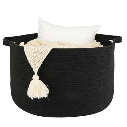XUANGUO Extra Large Cotton Rope Round Storage Basket 22" x 14" Black | Woven basket for blankets, toys, towels, laundry, nursery, living room and pet toy storage. - color: black