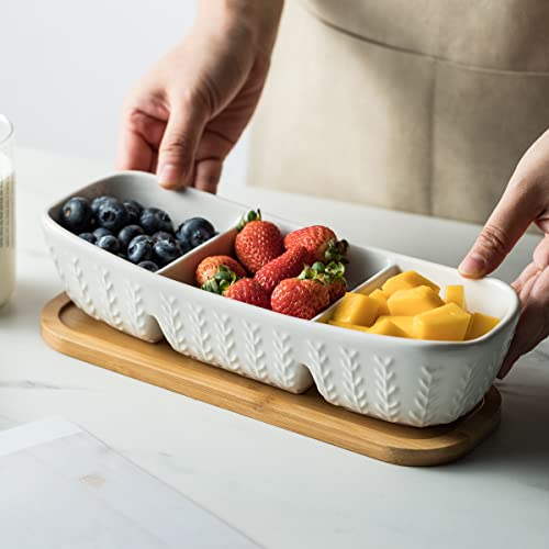 Miamolo Condiment Bowls Divided Serving Tray, Chip and Dip Bowl for Party | Ceramic 10-inch, 3 Compartment Tray + Wood Base | for Snacks Appetizer Charcuterie, Microwave Oven Safe, Hosting Essentials - size: Medium-10 inches