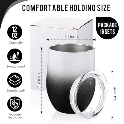 Remagr 16 Pack Stainless Steel Wine Tumblers 12 oz Insulated Vacuum Wine Cup Set Double Wall Stainless Steel Stemless Mug Glasses for Coffee Soda Whiskey Outdoor Travel (Black and White) - color: Black/White