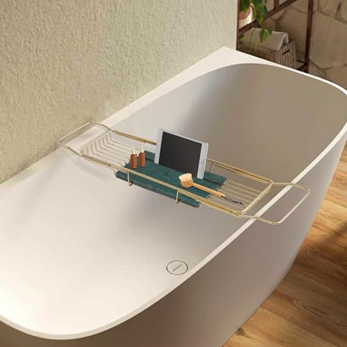 Expandable Stainless Steel Bathtub Caddy Tray, Adjustable Over Tub Rack Marble Board Anti-Slip Groove Raised Guardrail Modern Bath Organizer for Home Hotel Bathroom Use (Gold + Green) - color: Gold + Green