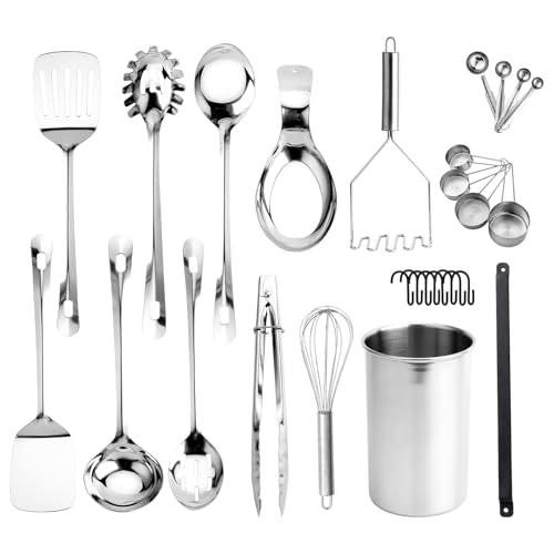 COOK WITH COLOR Kitchen Utensil Set - premium Nonstick & Heat Resistant Kitchen Gadgets, Turner, Spaghetti Server, Serving Spoons, Whisk, Tongs, Masher & Utensil Holder, 28-piece Stainless Steel - color: Stainless Steel - 28 Pieces
