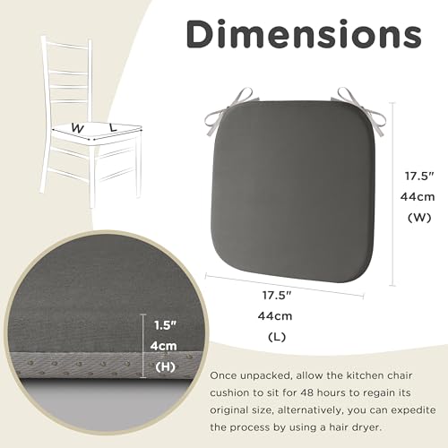 AddGrace Memory Foam Chair Cushions for Dining Chairs Set of 4 Dark Grey | 17.5"x17.5"x1.5", with Ties and Non Slip Bottom, Washable Cover, Soft and Skin-friendly Fabric, for Kitchen Dining Room - color: Dark Grey