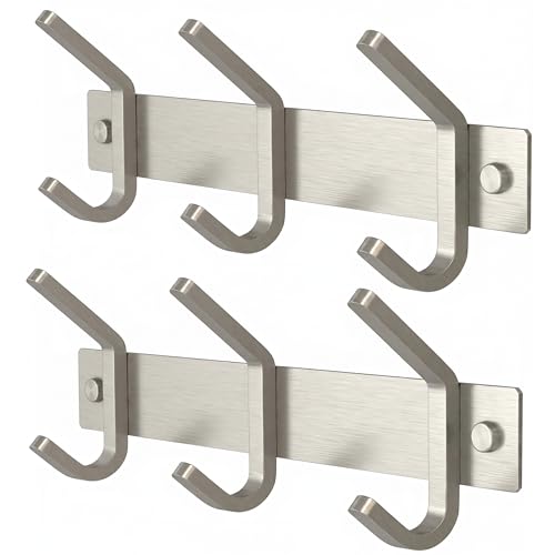 Small Coat Rack Wall Mount – Brushed Nickel 9 Inch Stainless Steel Hook Rail with 3 Heavy Duty Double Coat Hooks – Wall Mounted Coat Hanger for Entryway, Bathroom, Bedroom, Hat Organizer - 2 Pack - color: Silver, size: 3 Hooks - 2 Pack