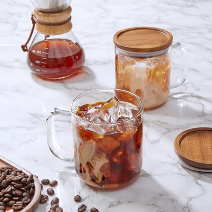DRASTAR Glass Coffee Mugs,Clear Coffee Cups, Coffee Mug with Acacia Wood Lid, Tea Glass Cups with Handles, Large Coffee Mug Set of 2, Glass Coffee Cups for Latte, Espresso, Tea (2, 16 oz) - size: 16 oz