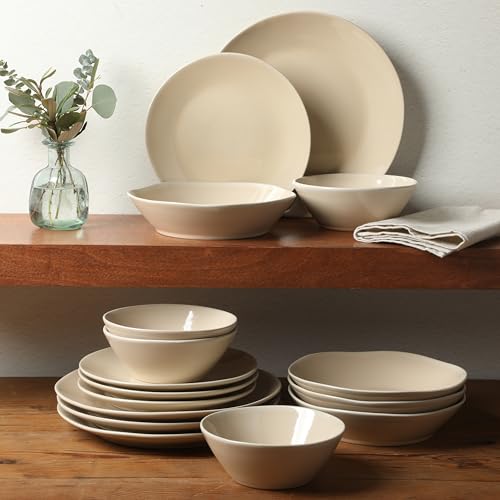 Two Time Oprah's Favorite Things Winner - Montecito Breeze 16 Piece (Service for 4) Double Plates and Bowls Stoneware Reactive Glaze Dinnerware Set - Marble Dawn Cream - color: Marble Dawn Cream