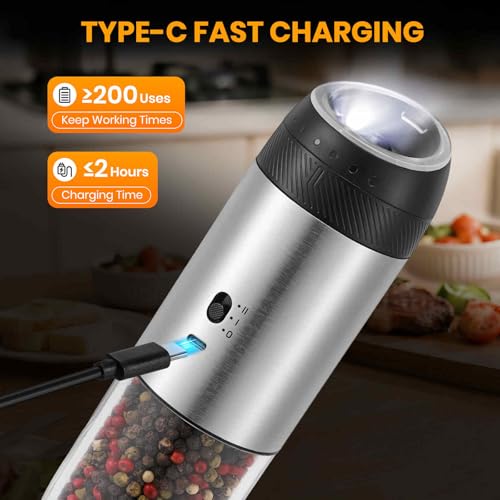 Gravity Electric Salt Grinder Set,Stainless Steel 2 Pack | with Variable Grinding Speed, External Adjustable Coarseness, One Hand Operation - color: Stainless Steel