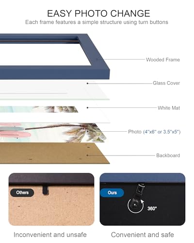 Hongkee 4x6 Picture Frame (4 Pack, Blue), Made of Real Glass and Wooden Frame - Display Pictures 3.5x5 with Mat or 4x6 Without Mat, 4 by 6 Photo Frames TableTop Display and Wall Mounting - color: Blue, size: 4x6 in