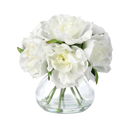 White Peonies Artificial Flowers with Glass Vase, Silk Faux Peony Flower Arrangement with Faux Water, Fake Flowers in Vase for Table Centerpieces, Shelf Bathroom Decor, Home & Wedding Decoration - color: White Peony