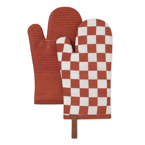 Folkulture Oven Gloves, Oven Mitts with Hanging Loop - Set of 2 (12"x5.5") | Cute, Checkered Red, 100% Cotton, Silicone, Heat Resistant, Cooking Gifts for Women, BBQ, Baking, Kitchen Décor - color: Red Checkered