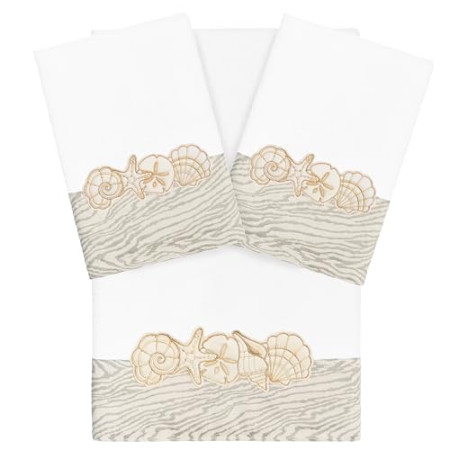 Seaside 3-Piece Towel Set, Embroidered Seashells, 100% Turkish Cotton, Ultra Absorbent & Soft, Coastal Bathroom Decor, 1 Bath 2 Hand Towels, White - color: White, size: 1 Pc Bath 2 Pcs Hand Towel