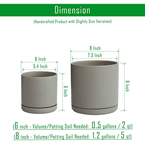 D'vine Dev 2-Pack Ceramic Pots with Saucers, 6/8 in, Grey, 94-G-M-3 | Glazed Ceramic, Drainage Hole, Perfect-Fit Saucer, Sleek Cylinder Shape, High Temperature Fired, Elegant Home Accent - color: Gray, size: Medium